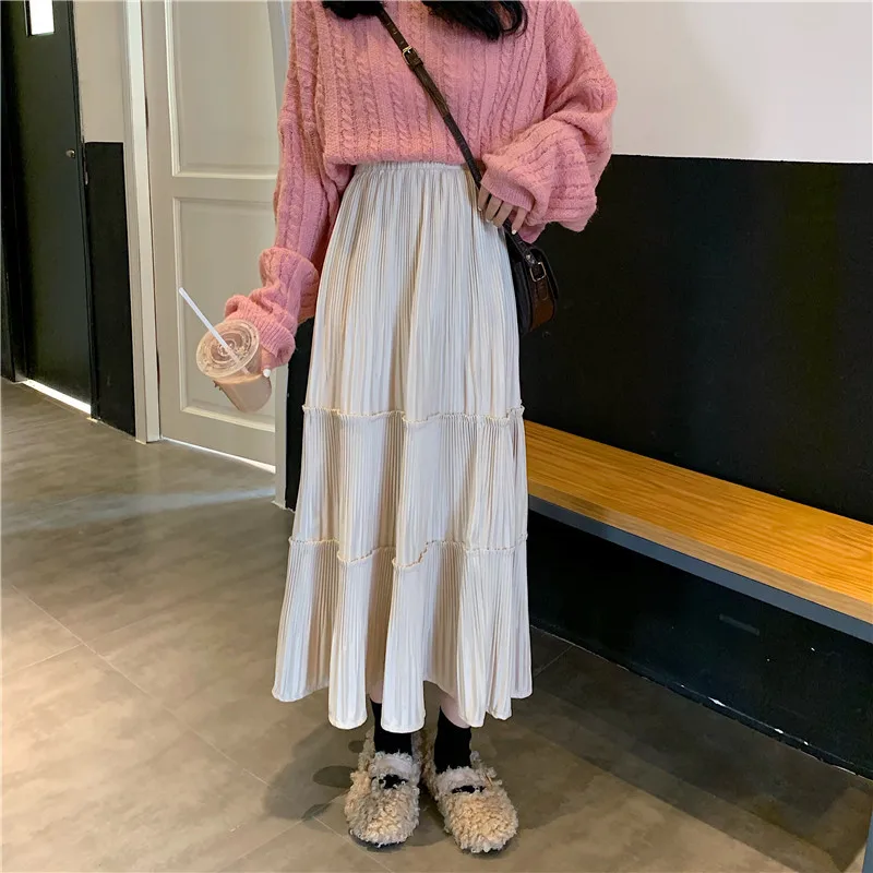 

2021 Autumn Winter New Women Simple High Waist Fashion A-line Pleated Skirt Velvet Casual Cake Skirt Long Skirt Free Shipping