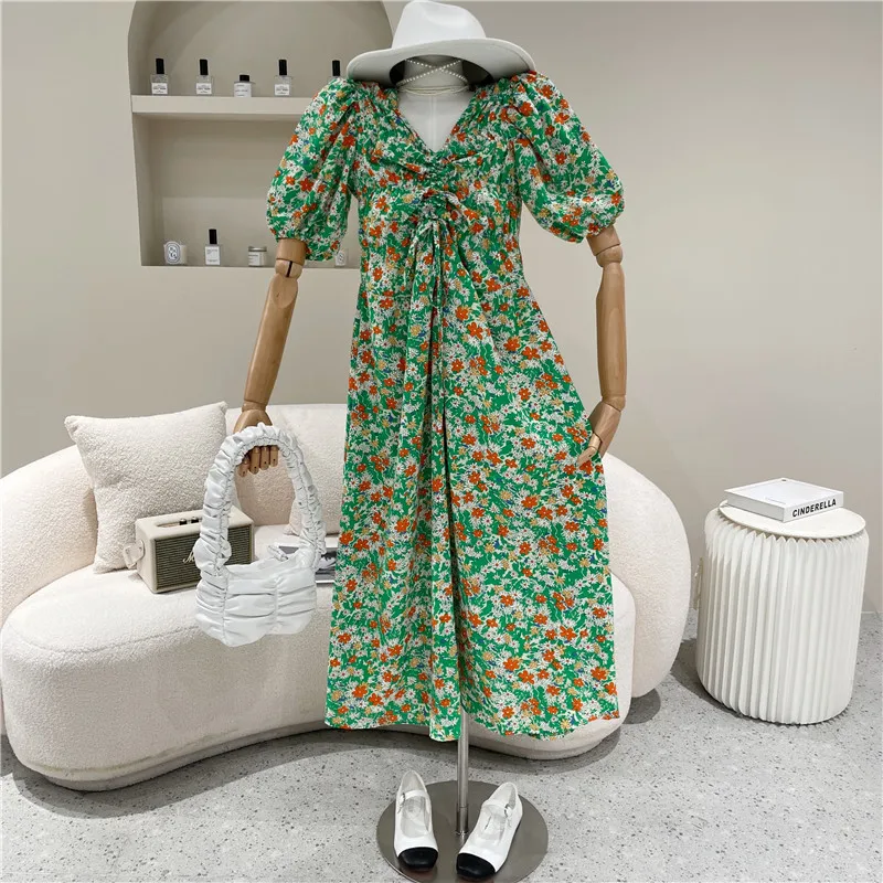 

Women's Clothing Spring Summer 2021 Niche Design Fashion Vintage Floral Drawstring Dress V-neck Print Dress