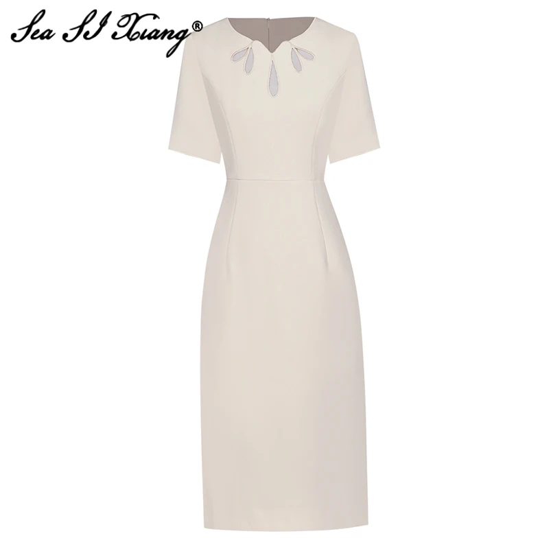 

Seasixiang Fashion Designer Summer Pencil Dress Women's V-Neck Short Sleeve Hollow Out Solid Package Buttocks Dresses