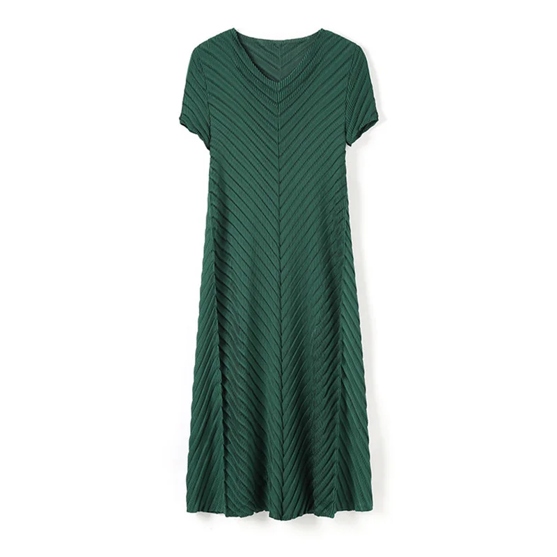 

LANMREM Women Yellow Pleated Dress New Arrivals V-Neck Short Sleeve Loose Fit Fashion Tide Summer 2021 2E1605