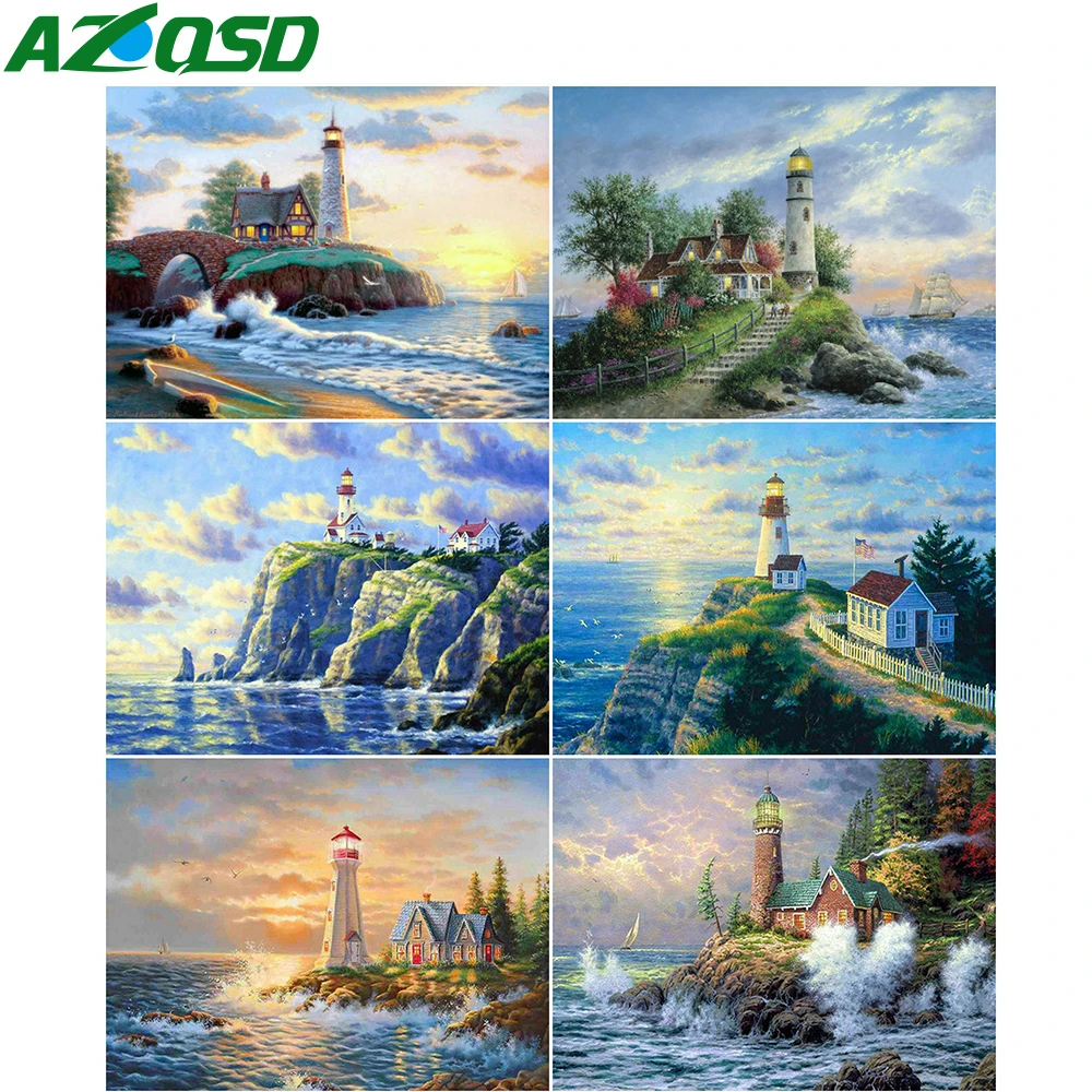 

AZQSD Diamond Painting Lighthouse Seaside Mosaic Picture Of Rhinestones Needlework Diamond Embroidery Landscape Home Decor