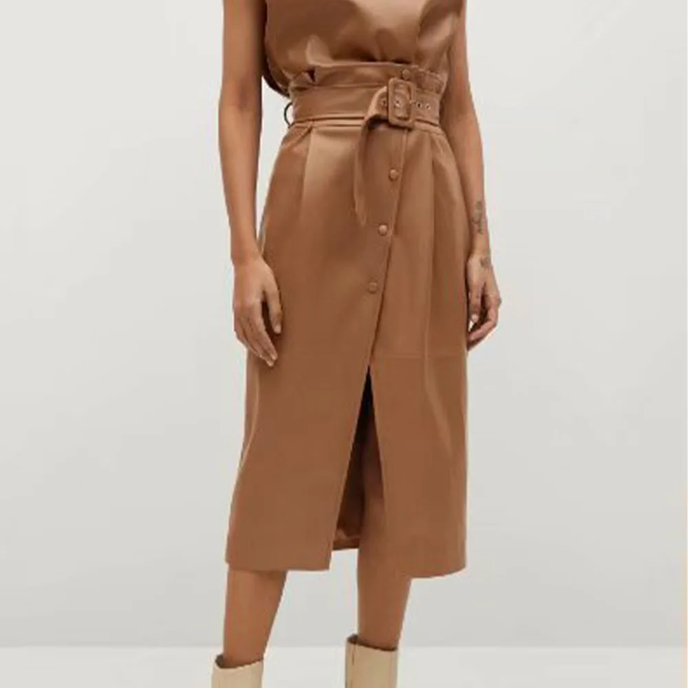 

Женская винтажная Кожаная Юбка-миди Za, демисезонная двубортная юбка с высокой талией и декоративным ремнем, 2021