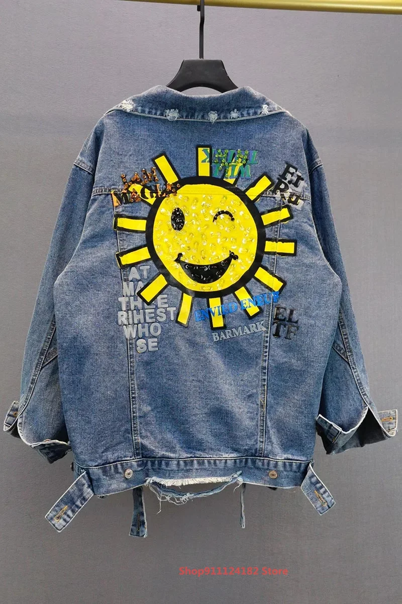 

Large size loose mid-length denim jacket women's spring and autumn 2021 new style European smiley print diamond top
