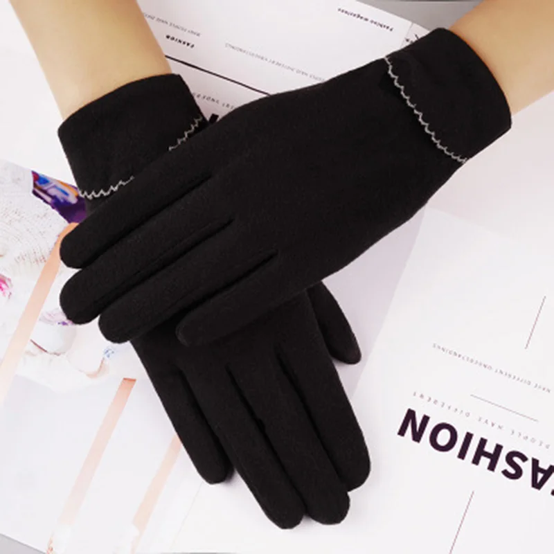 

Fashion Embroidery Lace Warm Touch Screen Driving Glove Winter Women's Plus Velvet Thicken Cotton Windproof Cycling Mittens L57L