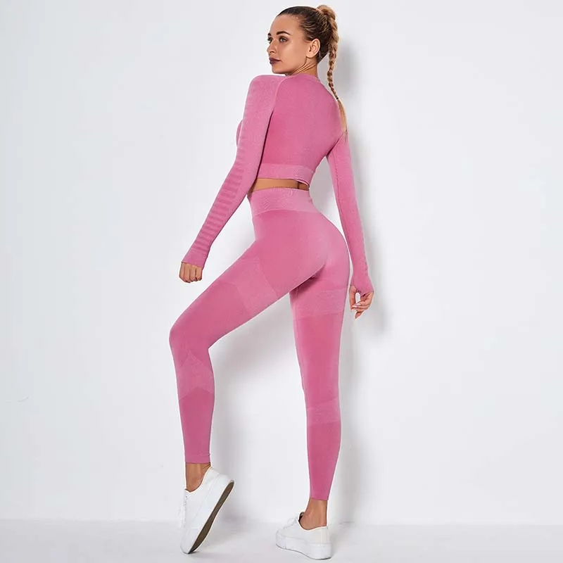 

NORMOV Autumn Women Sets Workout O Neck Long Sleeve Pullover And High Waist Push Up Trousers Striped Suit Fitness Femme Sets