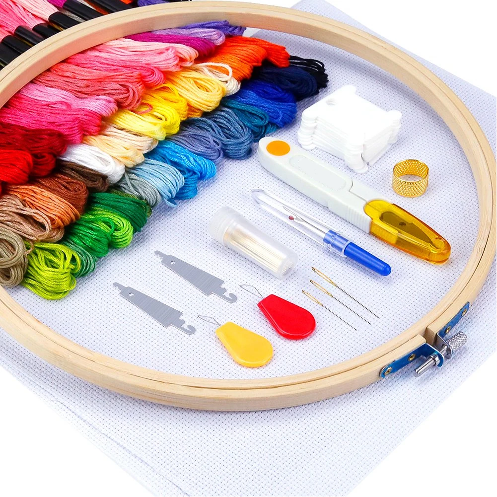 

1Set Embroidery Starter Kit 50 Color Threads 5 Bamboo Embroidery Hoops Cross Stitch Embroidery Needle Point Kit Sewing Craft
