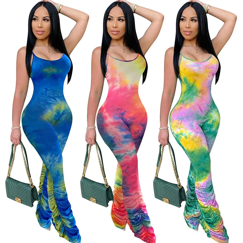 

Sexy Tie Dye Bodycon Jumpsuit Stacked Pants Summer Clothes One Piece Outfits Sleeveless Spaghetti Strap Rompers Womens Jumpsuit
