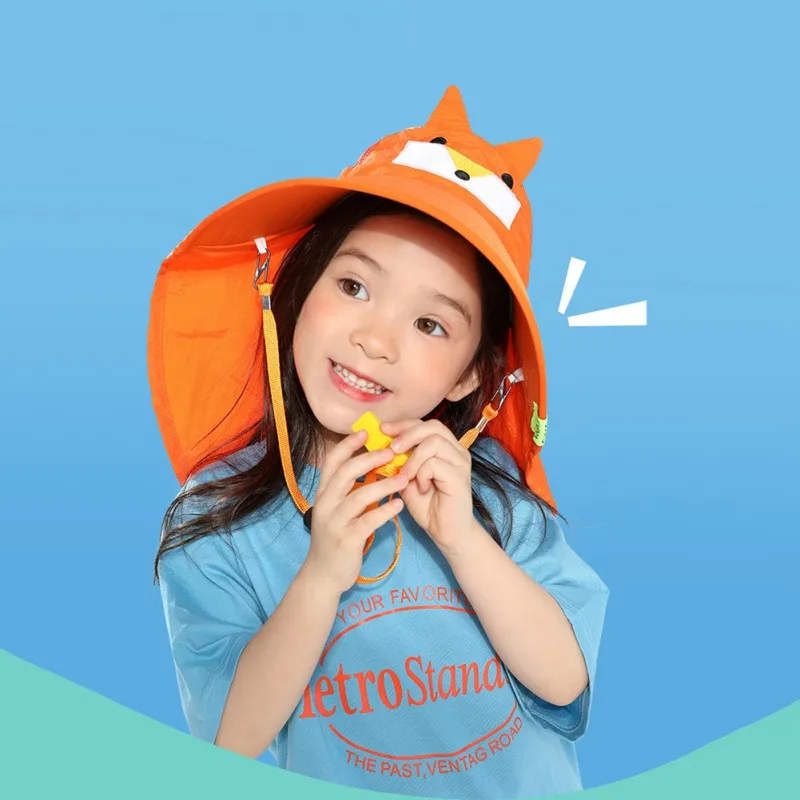

Kids Summer Cartoon Sunscreen Fisherman Cap Children Cute Outdoor Travel Dome Breathable Sunshade Hat With Anti-Lost Whistle