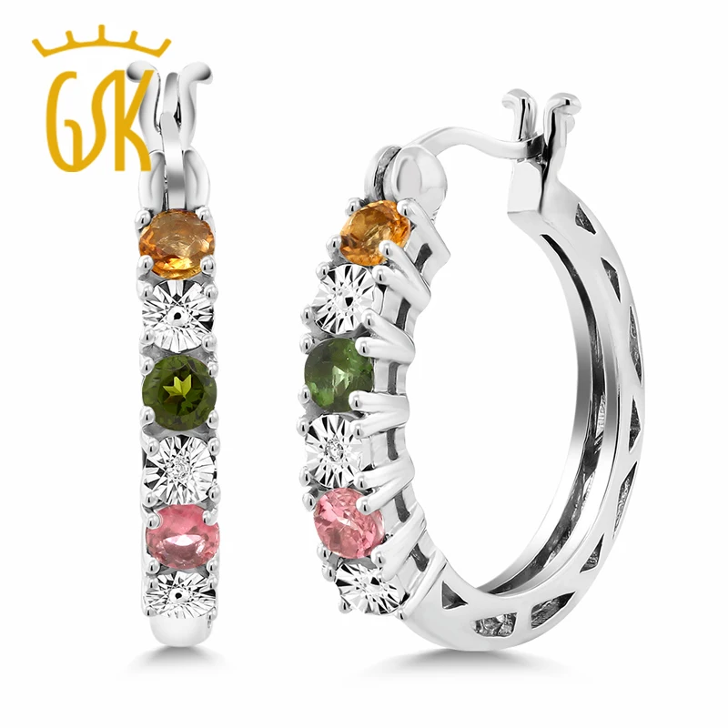 GemStoneKing натуральный многоцветный турмалин и белый Бриллиант Акцент 925 пробы серебряные круглые серьги со значком вечности для женщин