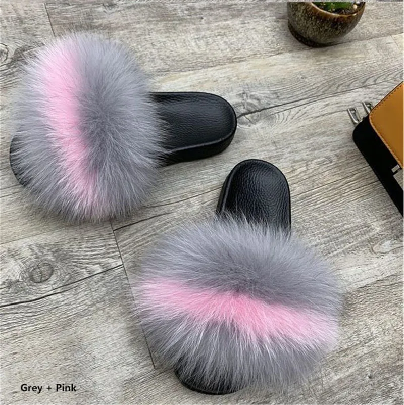 Шлепанцы из натурального меха енота повседневные модные сандалии лисьей кожи