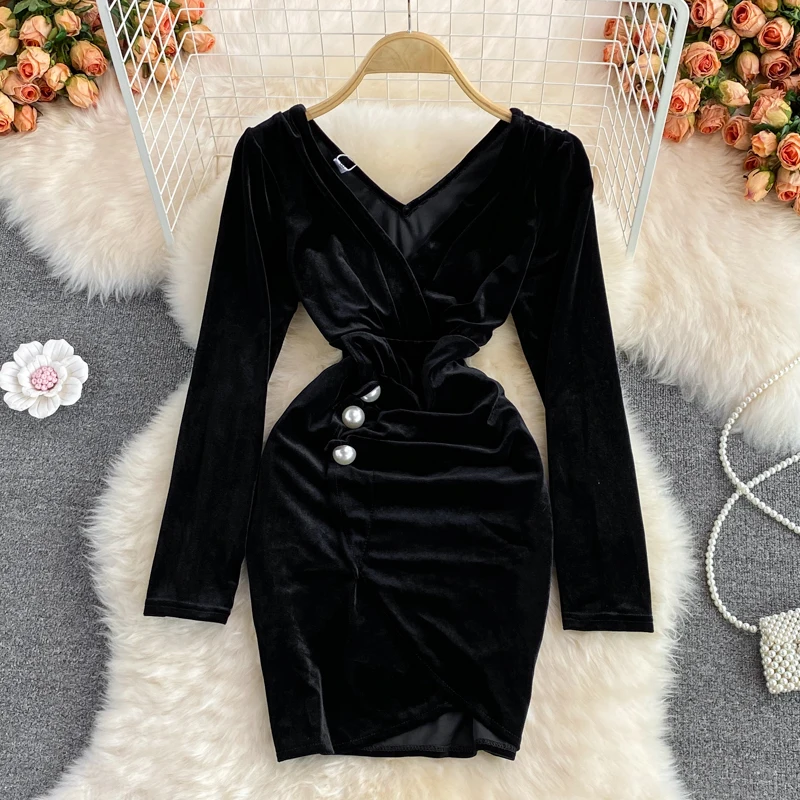 

Осеннее черное Бархатное облегающее мини-платье с V-образным вырезом и длинным рукавом, элегантное вечернее платье с высокой талией, элеган...