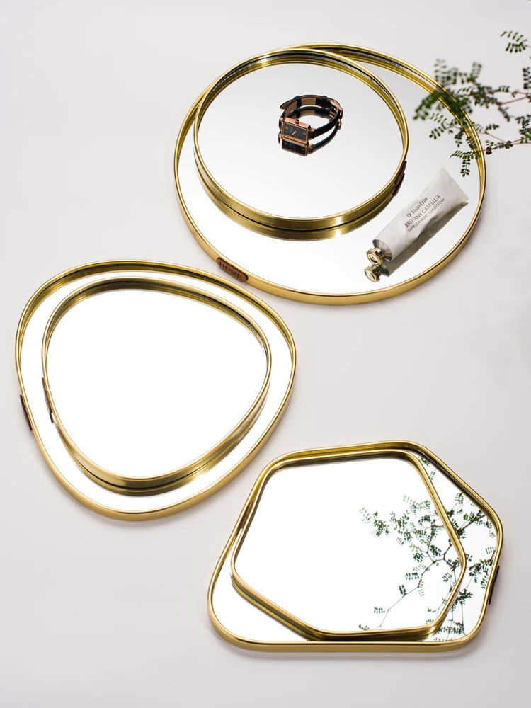 

Nordic Home Bathroom Organizer Metal Glass Jewelry Display Plate Geometric Mirror Tray Gold Jewelry Storage Trinket Ring Dish