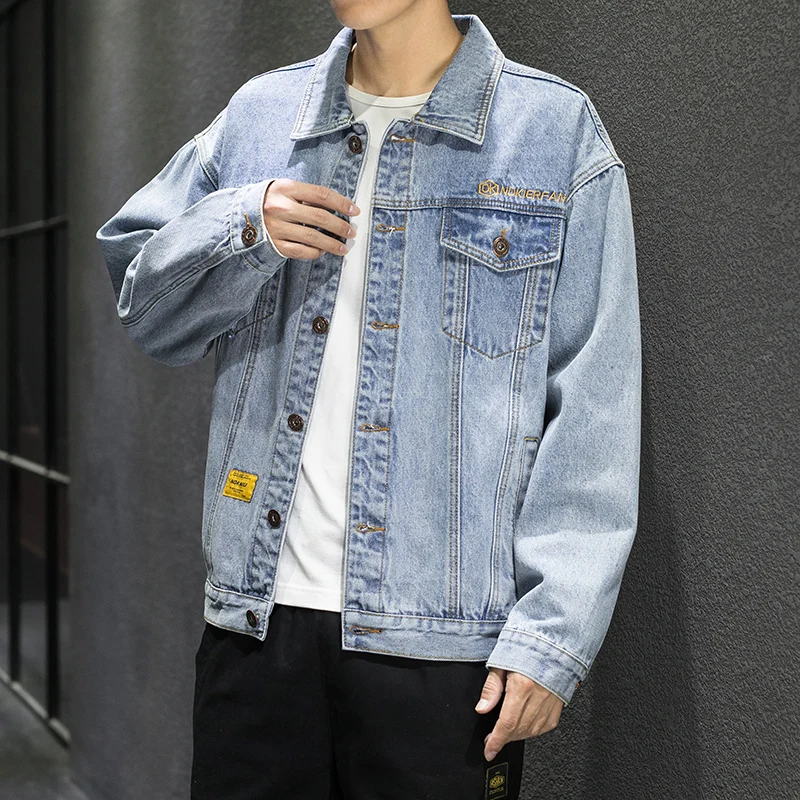 

Loldeal Men Denim Jackets Fashion Solid Color Letter Embroidered Single Breasted Button