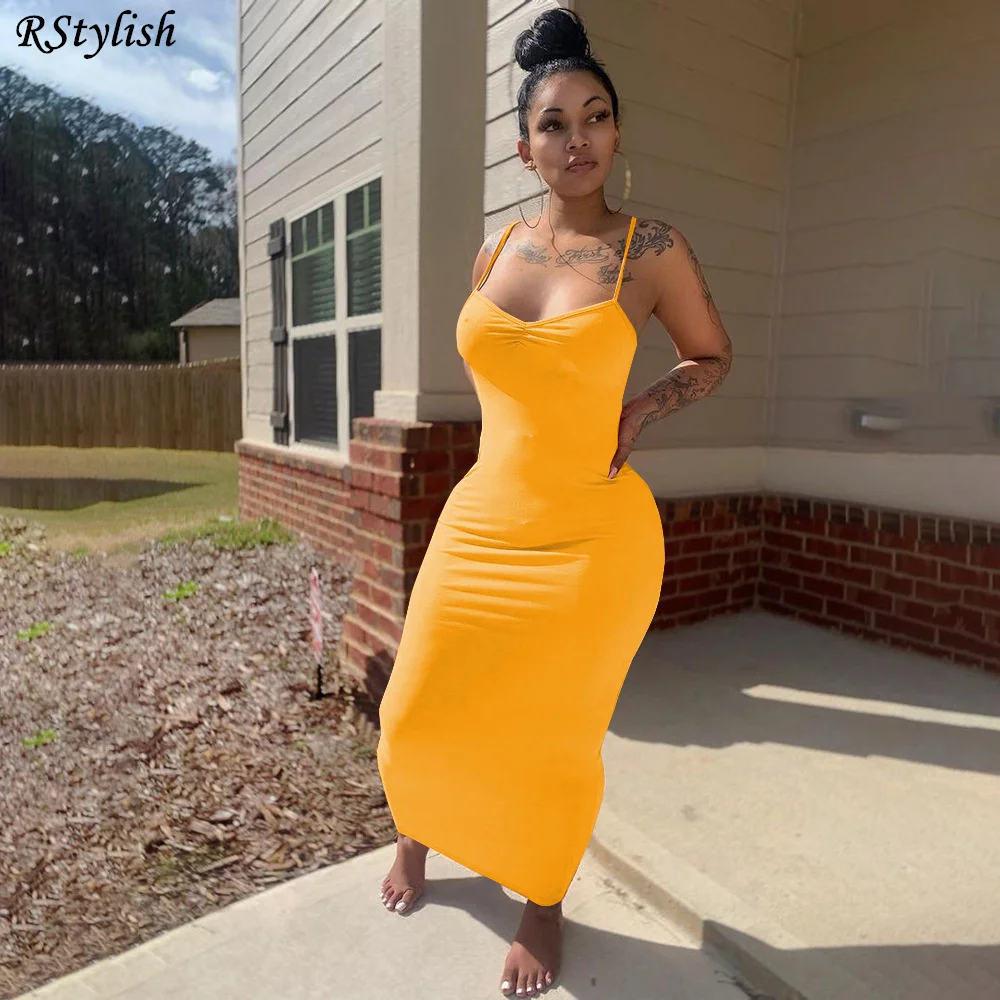 

RStylish 2021 New Style Women Slim Slip Dress Ladies Elegant Party Sexy Solid Color Spaghetti Strap Sheath Skinny Long Dresses