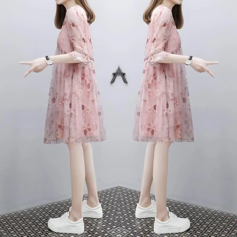 

Women's Spring Summer Chiffon Dress Women's V-Neck Printed Half Sleeve Loose Casual Dress AA3286