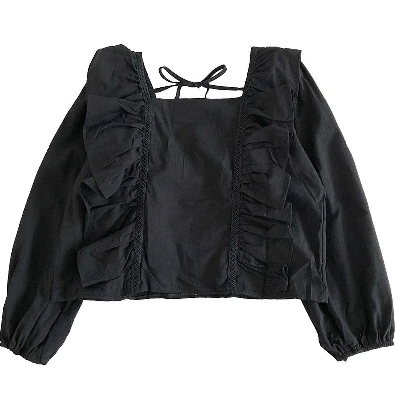 

New Model Korean Style French Court Style Lace-up Square Collar Ruffles Stitching Lantern Sleeve Western Style Shirt Women