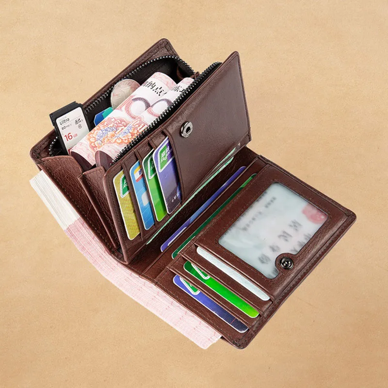 

100% Genuine Leather Men Wallet with Zipper Coin Pocket Vintage Slim Anti RFID Blocking Card Holder Male Purse High Quatily 2021