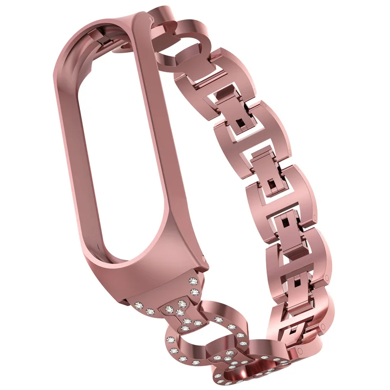 Rose pink Стразы, металлический женский браслет для Xiaomi mi, ремешок для часов 3, 4, ремешок для часов, сменный ремешок для mi Band 3, 4, браслет - Цвет: Rose pink