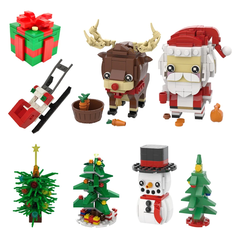 

City Elk Sled Santa Claus Snowman Xmas Tree Gifts Box Model Kids Toys Assemble Christmas Compatible City Building Blocks