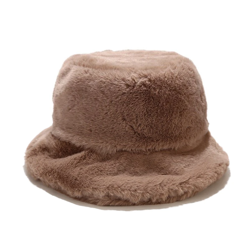 

Winter Outdoor Vacation Lady Panama Black Solid Thickened Soft Warm Fishing Cap Faux Fur Rabbit Bucket Hat Women Hairy Leopard