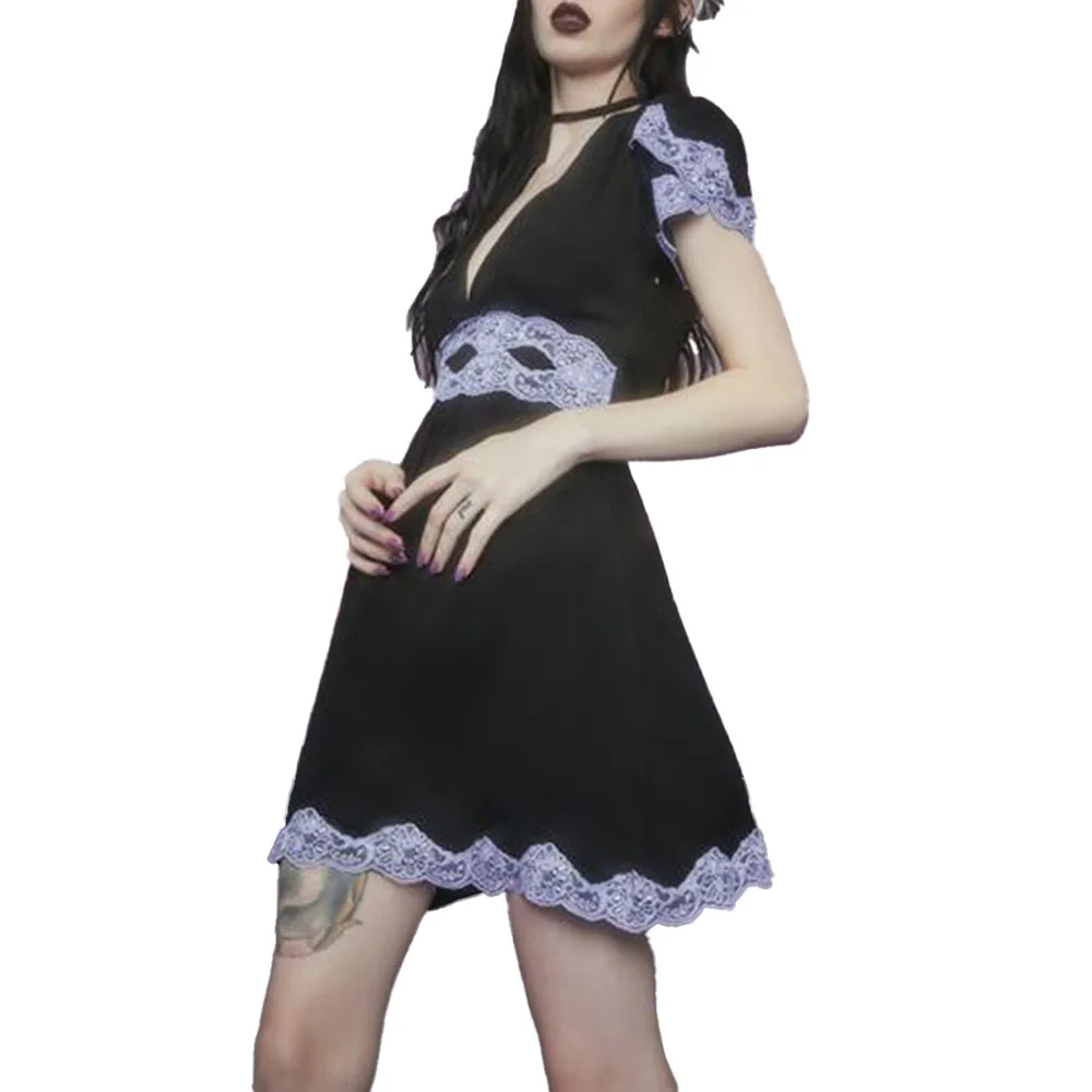 

Gothic Women's Dress 2021 Spring Summer Fashion Hipster Designer Creative Lace Splicing Casual Casual Sexy V-neck Summer