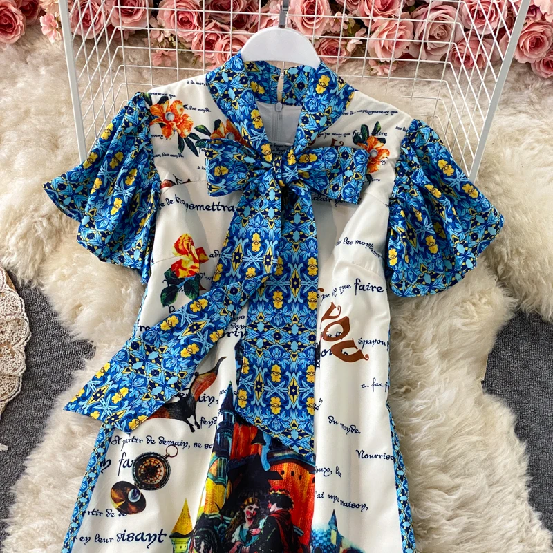 

French retro print puff sleeve dress summer new ladies temperament lace bow tie small dress skirt