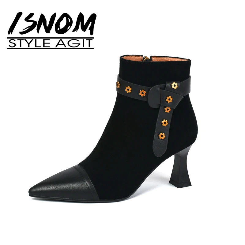 

Французские короткие сапоги ISNOM из натуральной кожи с острым носком на высоких каблуках Дамская элегантная Корейская обувь в странном стил...