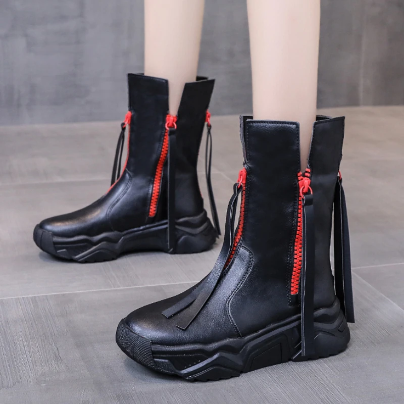 

Fashion Fringe Zipper Ankle Boots Women Autumn Thick Bottom Platform Short Boots Woman Comfort Non-slip Med Heels Botas