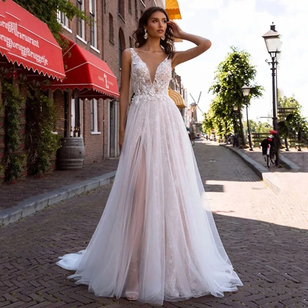 

White Pure Elegant Floor Length Applique Lace Formal Evening Dress Long Sweep train Beach Dress Women Tulle Slit Party Gown