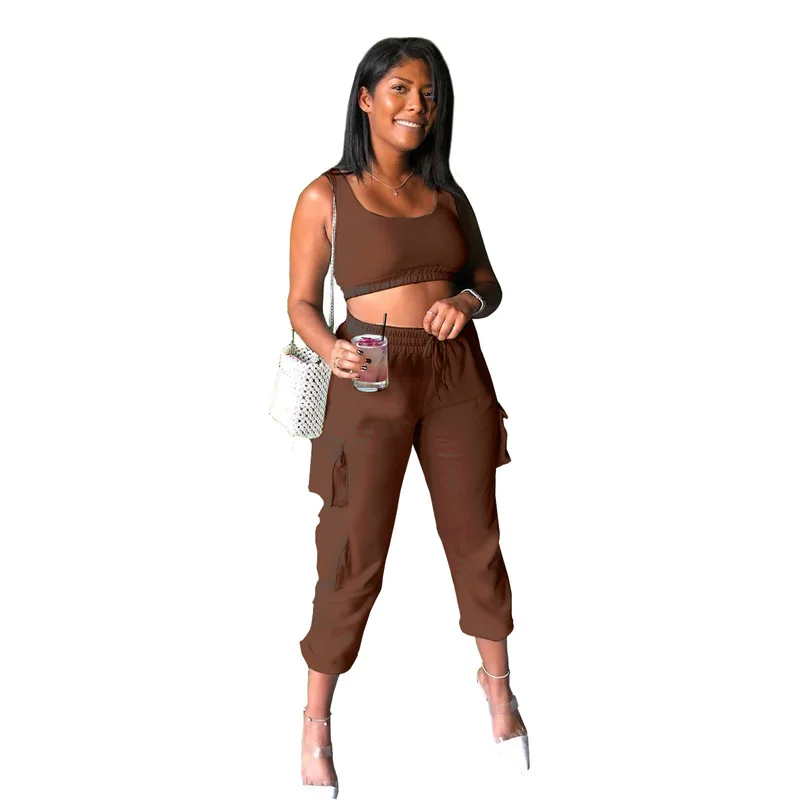 

Women Sports Casual Set 2 Pcs Sweatshirt Autumn Spring Fashion Sleeveless Open Navel Waistcoat Corset Lace Up Pockets Pants