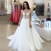 transparent long sleeve illusion bodice sheer wedding dresses a line sweep trail soft tulle modern bridal gown robe de mari%c3%a9e
