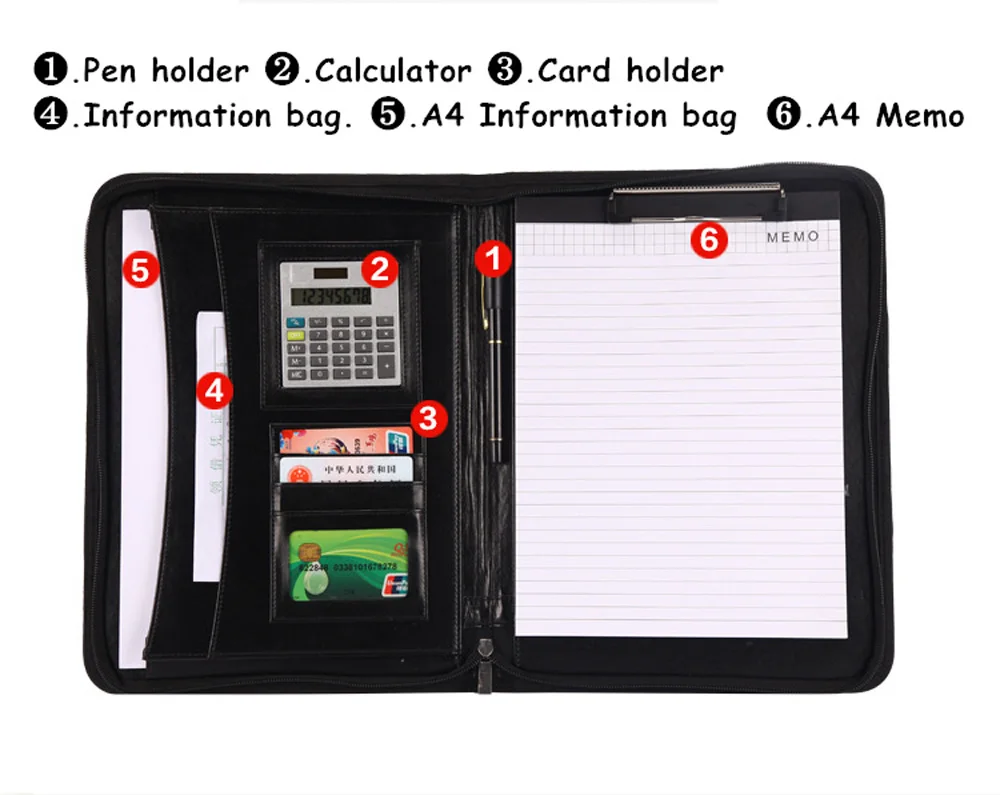 

A4 Zipped Conference Folder Business Leather Document Bag Portfolio + Calculator