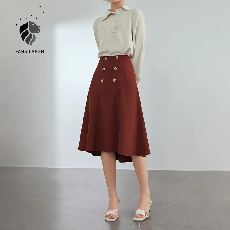 

FANSILANEN Office lady elegant high waist midi skirt Women vintage office black a-line skirt Spring summer asymmetrical skirt