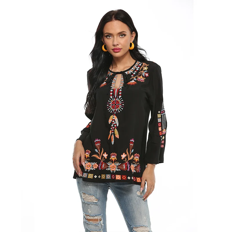 Новые хлопковые Черные блузки с вышивкой в стиле бохо Женская хлопковая рубашка