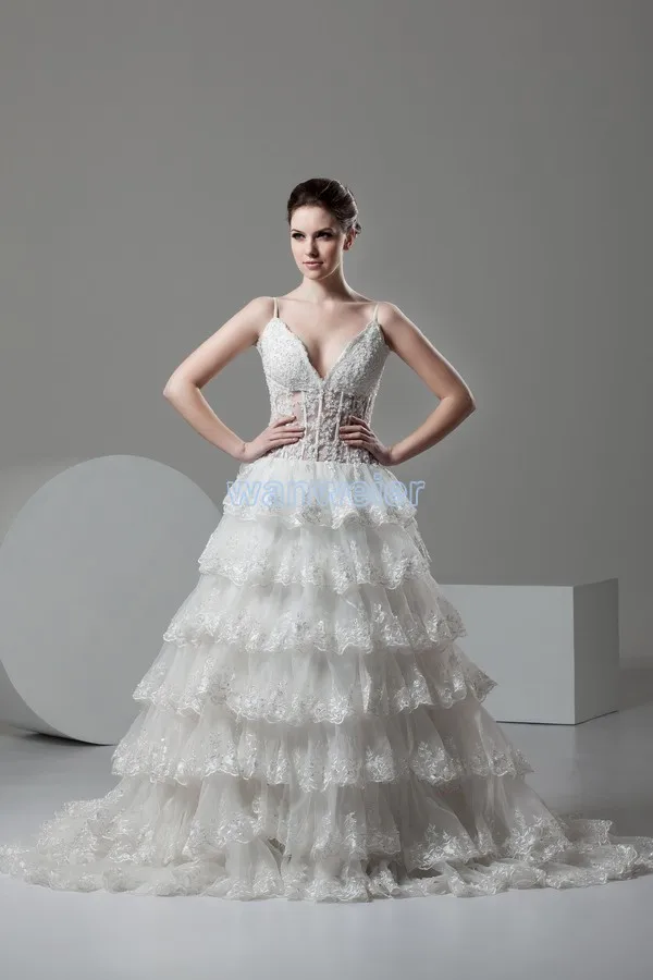 

free shipping 2015 new design hot sale sexy vestido de noiva v-neck bridal gown tiered lace appliques beading wedding dress