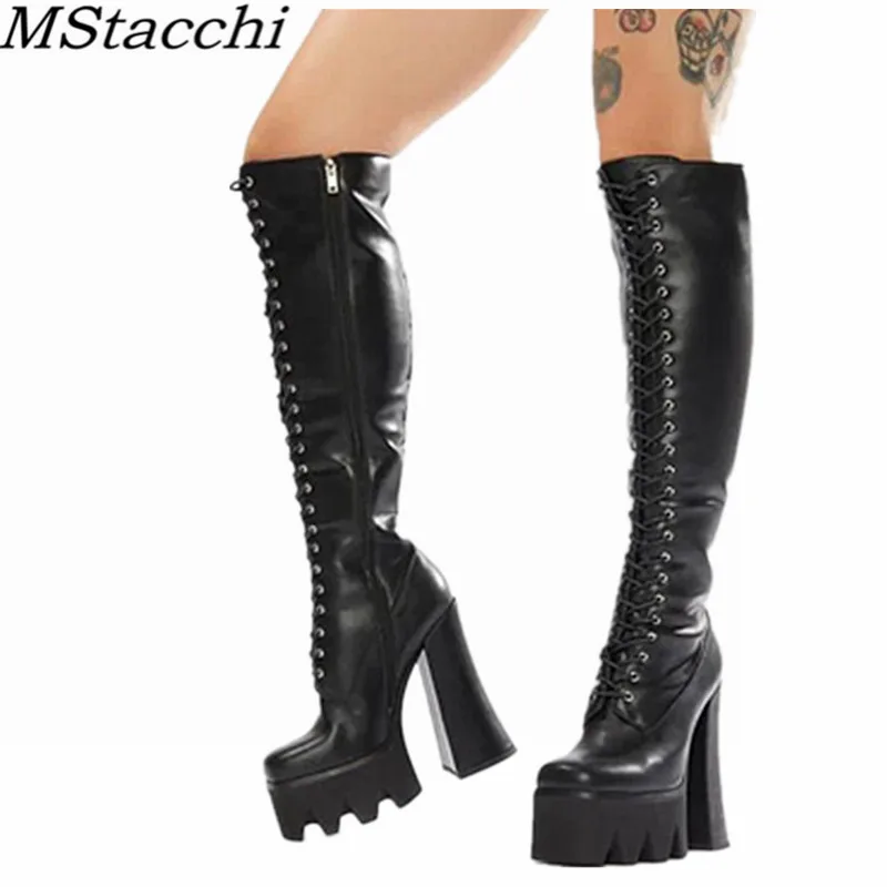 

MStacchi 2021 The New Knee Boots Cross-tied Crude Heel Round Toe Non-Slip Thick Bottom Female Shoes Sexy Travel Long Botas Mujer