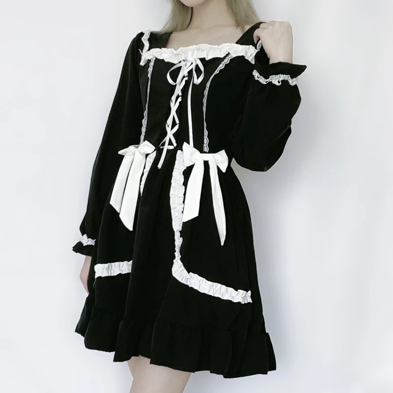 

Black Gothic Bandage Maid Lolita Dress Long Sleeve Plue Size Women Victorian Vintage Y2k Girl Cosplay Sexy Party Dress Robe 2021