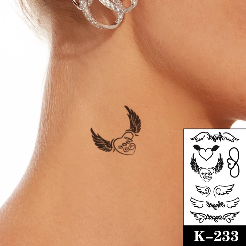 

Wings Heart Waterproof Temporary Tattoo Sticker Black Letter Angel Fake Tattoos Flash Tatoo Chest Neck Body Art for Women Men