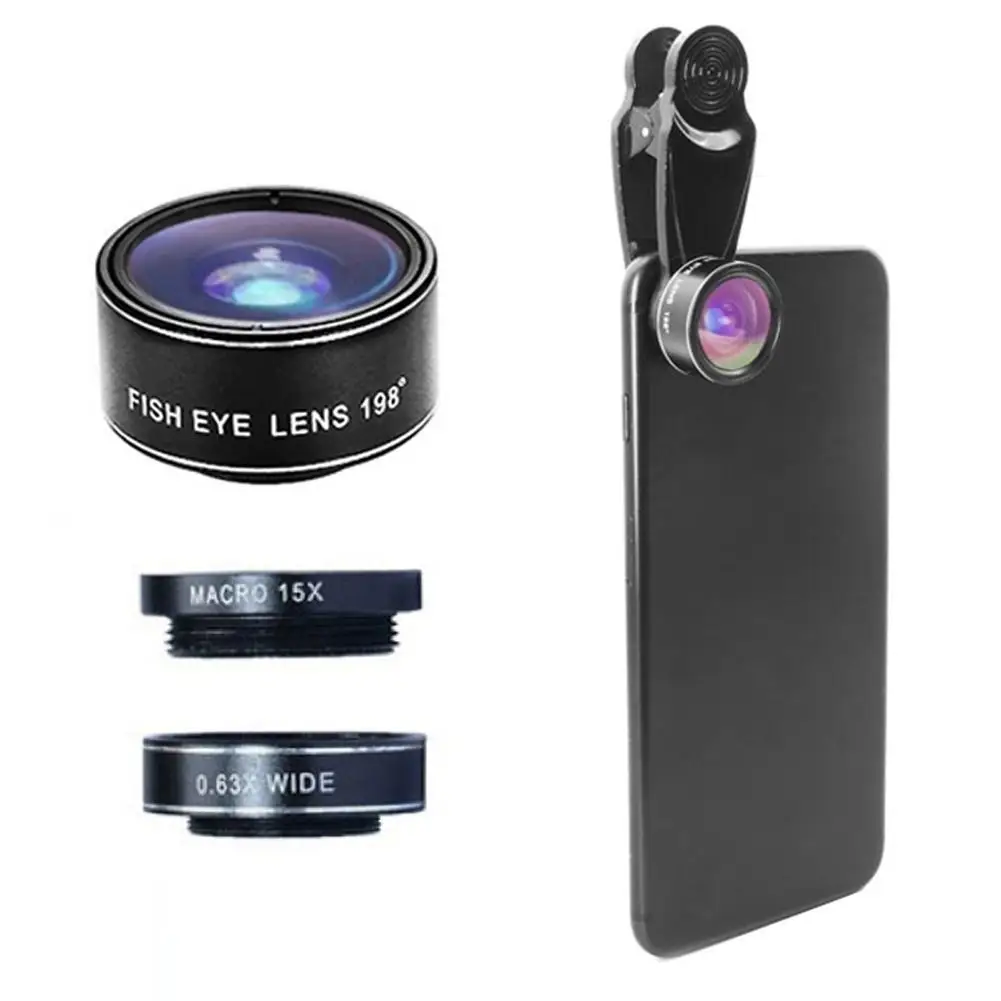 

3-in-1 Wide Angle Macro Fisheye Lens Camera Kits Mobile Phone Fish Eye Lenses with Clip 0.67x for iPhone Samsung All Cell Phones