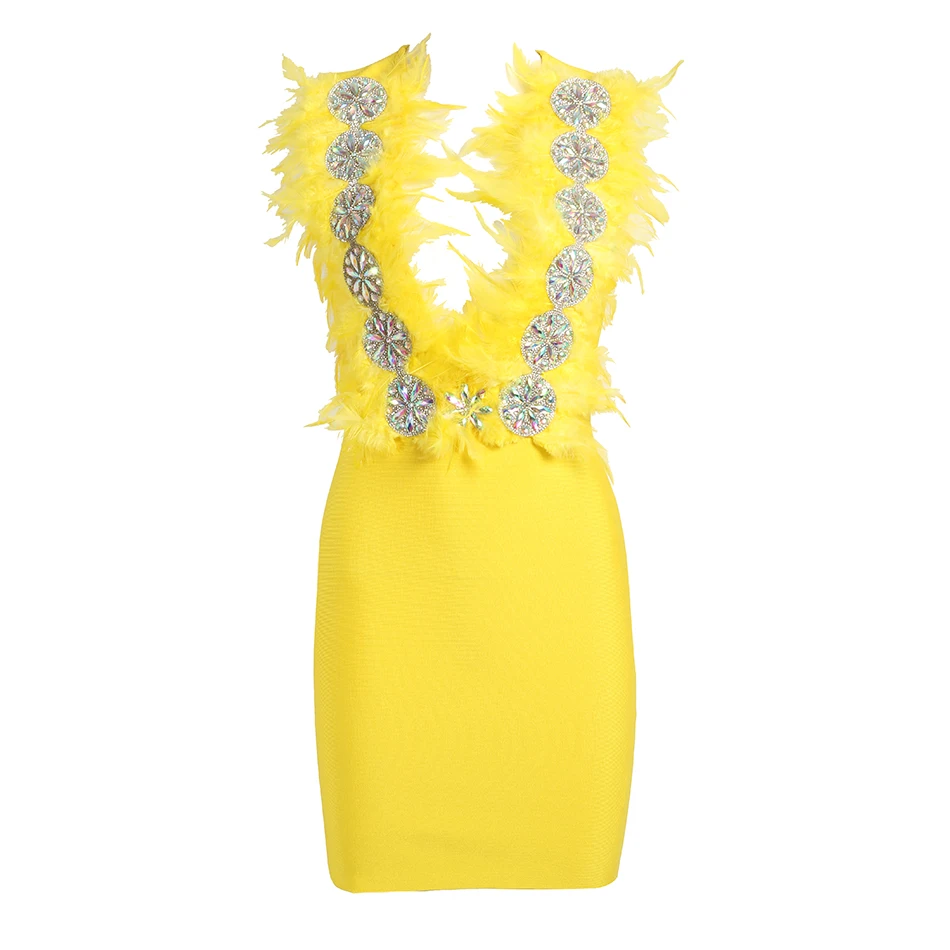 Женское Бандажное платье желтое облегающее с глубоким V-образным вырезом