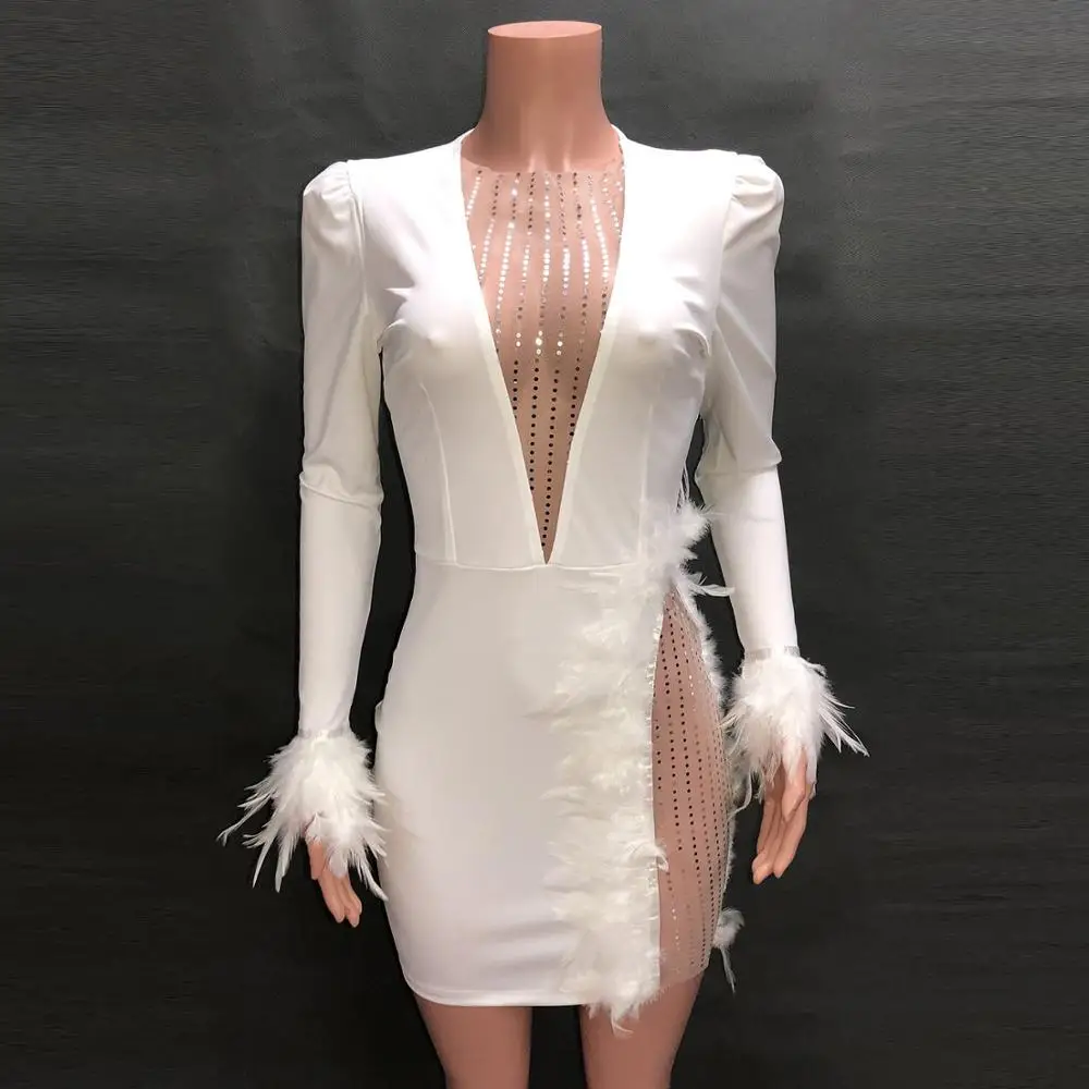 

High Quality White Black Sleeveless Deep V-neck Sequins Hollow Bandage Dress Nightclub Party Christmas Dress