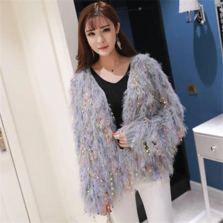 

Women 2021 Autumn Winter New Shiny Sequins Tassel Sweater Cardigan Sexy Party Club Knitted Colorful Metallic Loose Coat Outwear