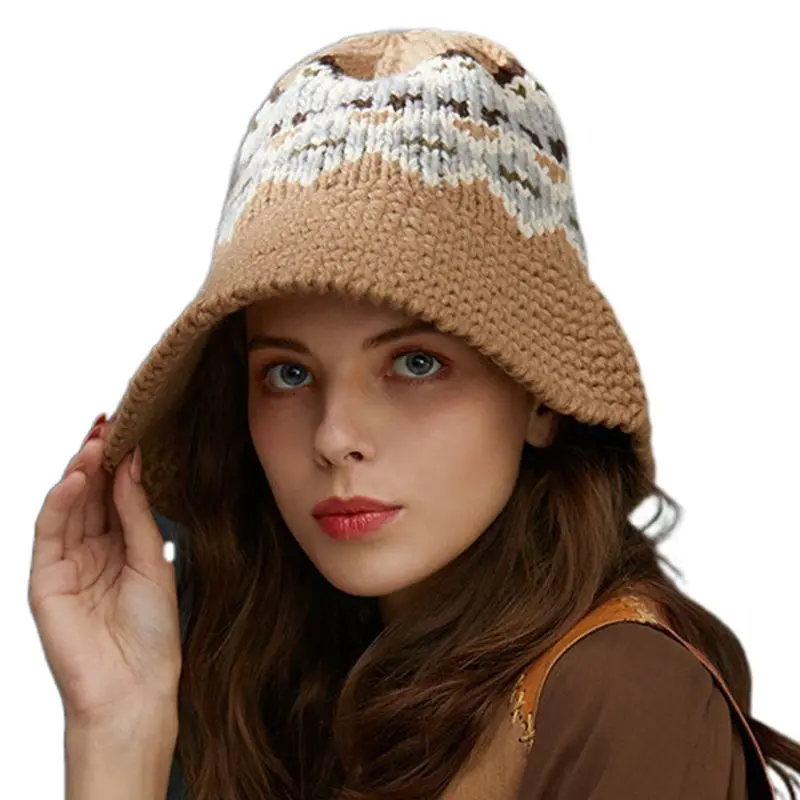 Женская зимняя вязаная шапка-ведро с широкими полями в этническом винтажном