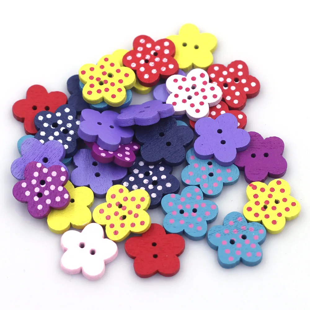 

100Pcs Mixed Colourful Flower Dots 2 Holes Wood Sewing Buttons Crafts Scrapbooking Findings 15x14mm