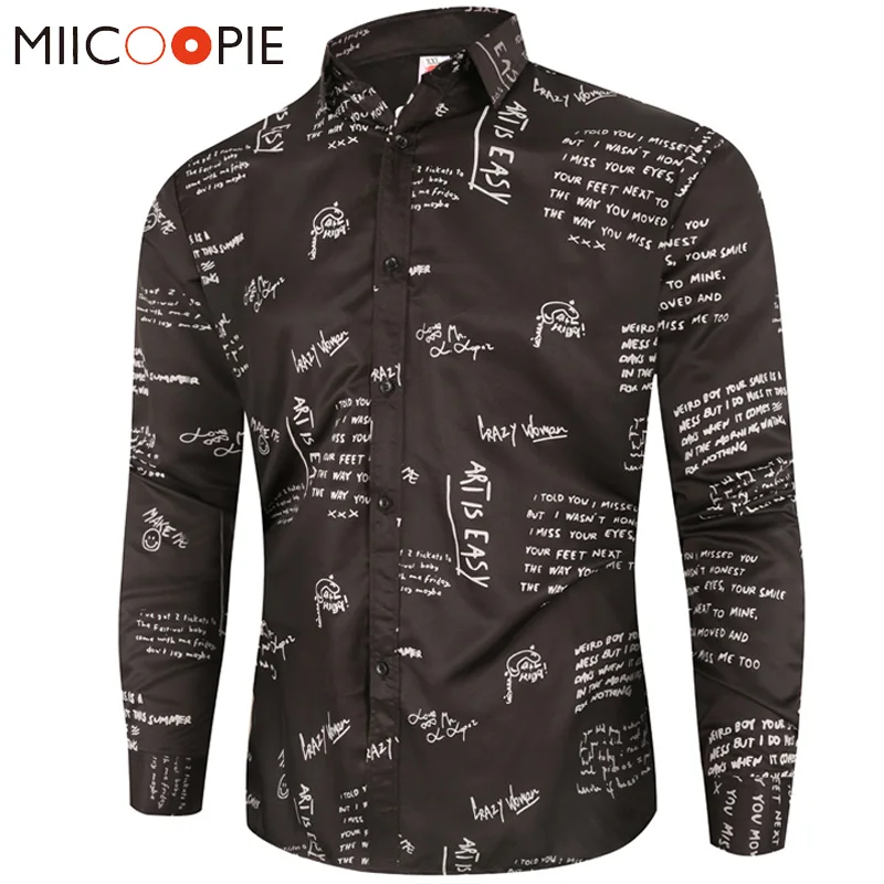 

Dress Shirt Men Long Sleeve Autumn New Casual Graffiti Letter Print Slim Fit Social Business Shirt For Men Brand Clothing M-3XL