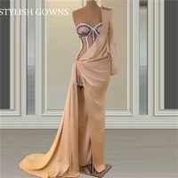 charming one shoulder evening dresses beaded pleats high slit formal dress for women elegant party gowns robe de fiesta