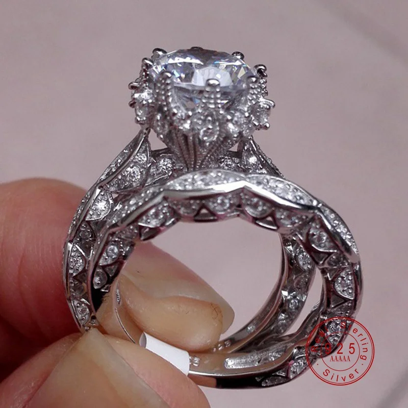2pcs/lot Silver Double Rings Set Shiny Cubiz Zircon Stone Ring For Women Romantic Lovers Engagement Anniversary Wedding Jewelry | Украшения