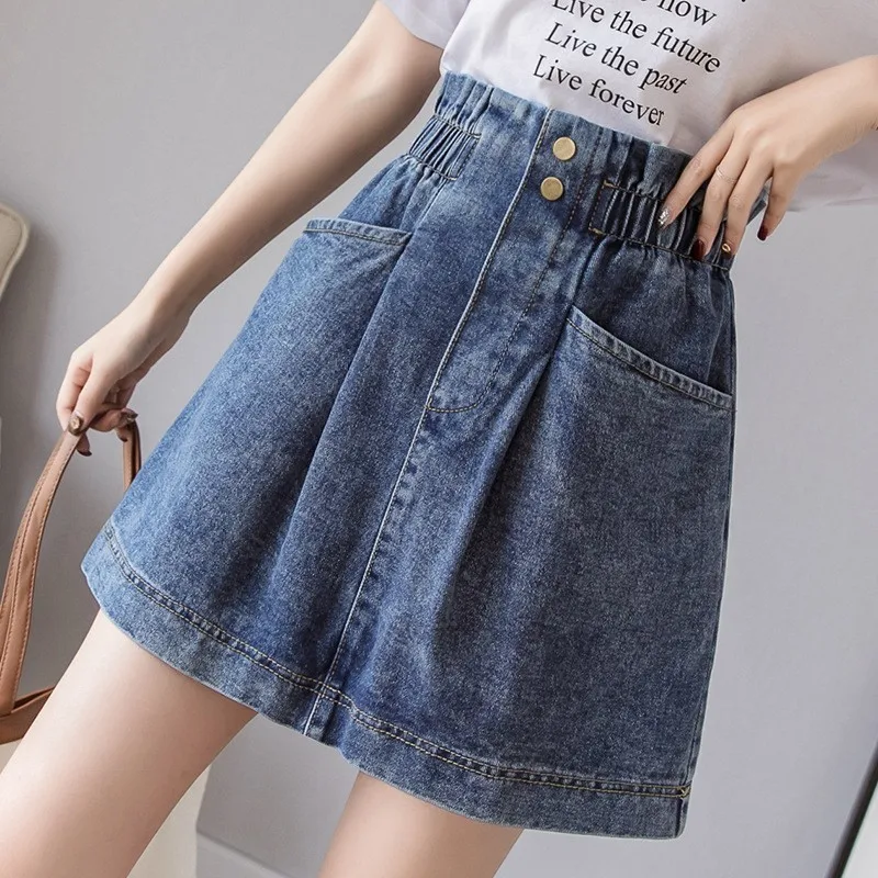 High Waist Summer Fashion Sweet Womens Denim Short Skirts Casual Streetwear Elastic Pockets Female A-Line Big Size | Женская одежда
