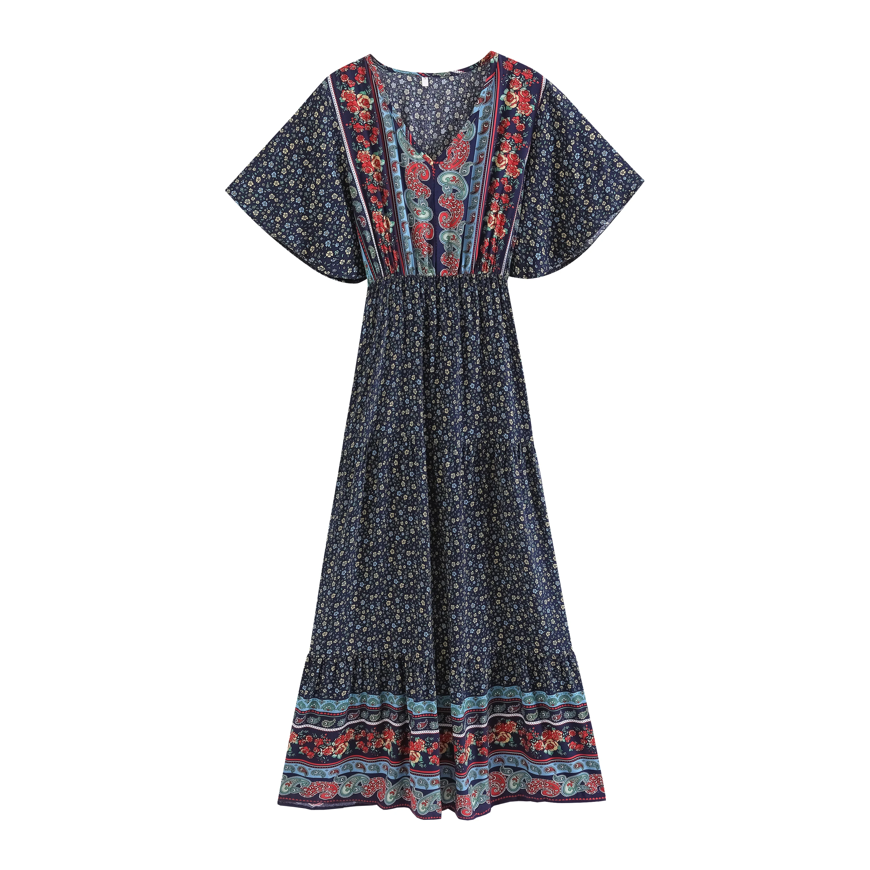 

Винтажные шикарные платья с принтом Paysley, с V-образным вырезом и коротким рукавом, из искусственного хлопка, богемные платья, женские повседн...