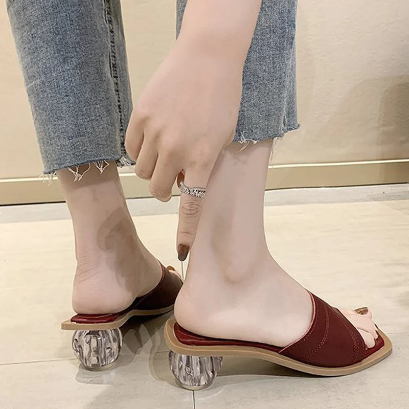 

2021 Women Slippers Ladies Sandals PU Leather Fashion High Heels Square Toe Shoes Summer Woman Pumps Casual Footwear Female